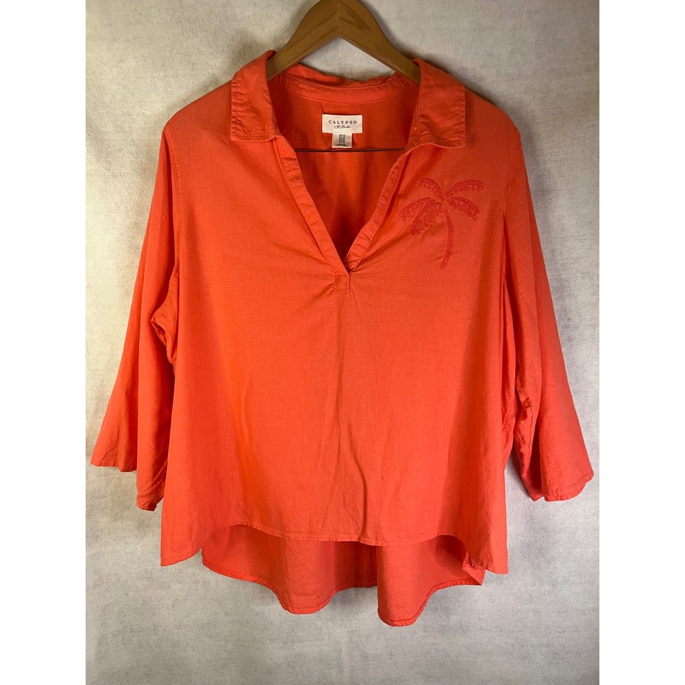 Calypso St Barth 1X Orange Linen Blend Popover Top Collar Palm Embroidery Beach